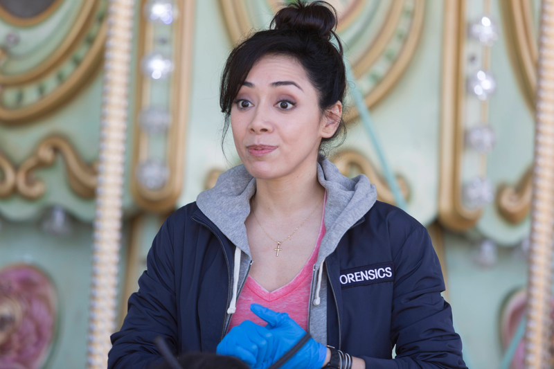 Ella (Aimee Garcia) on a crime scene. Lucifer notices her necklace right away, of course.